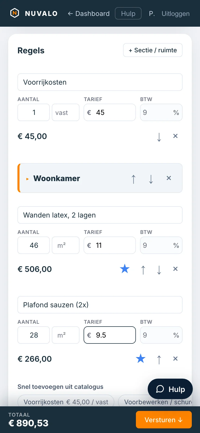 De offertebuilder met secties en live meerekenende regels
