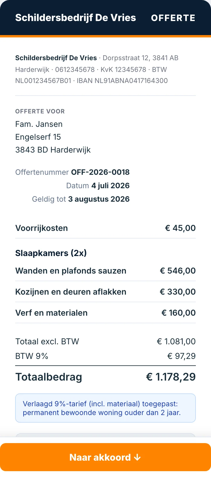 De offerte zoals de klant hem op z'n telefoon ziet, met akkoord-knop