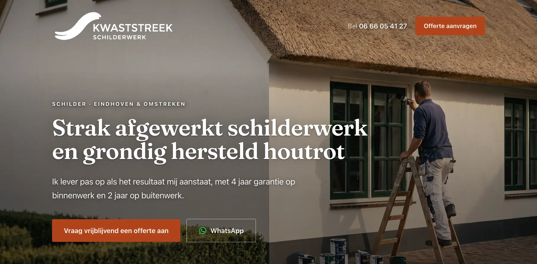 Voorbeeld van een Nuvalo-pagina voor een schilder: logo, kop, foto van een schilder aan het werk en een knop om een offerte aan te vragen