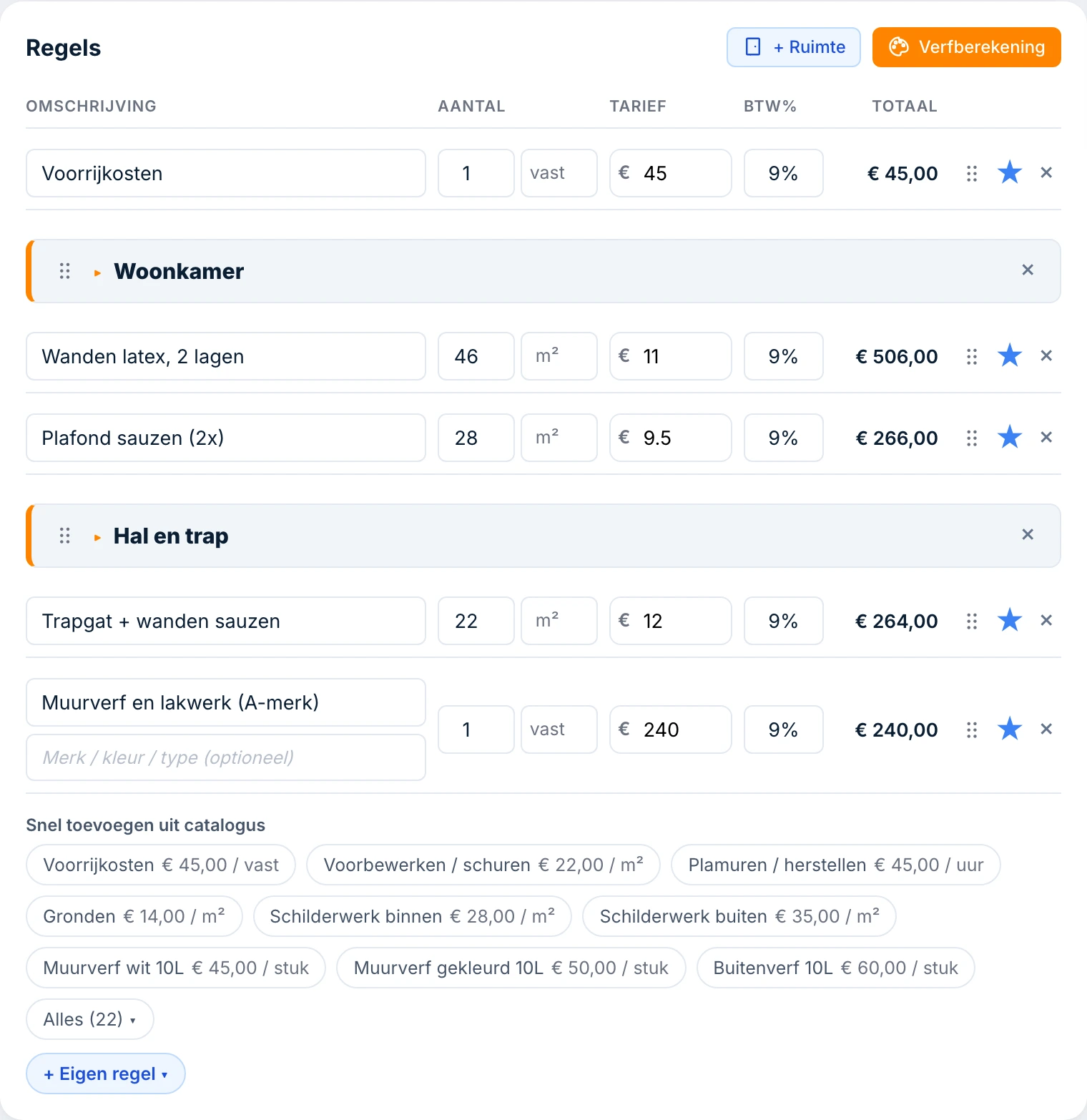 De offertebuilder met secties en regels