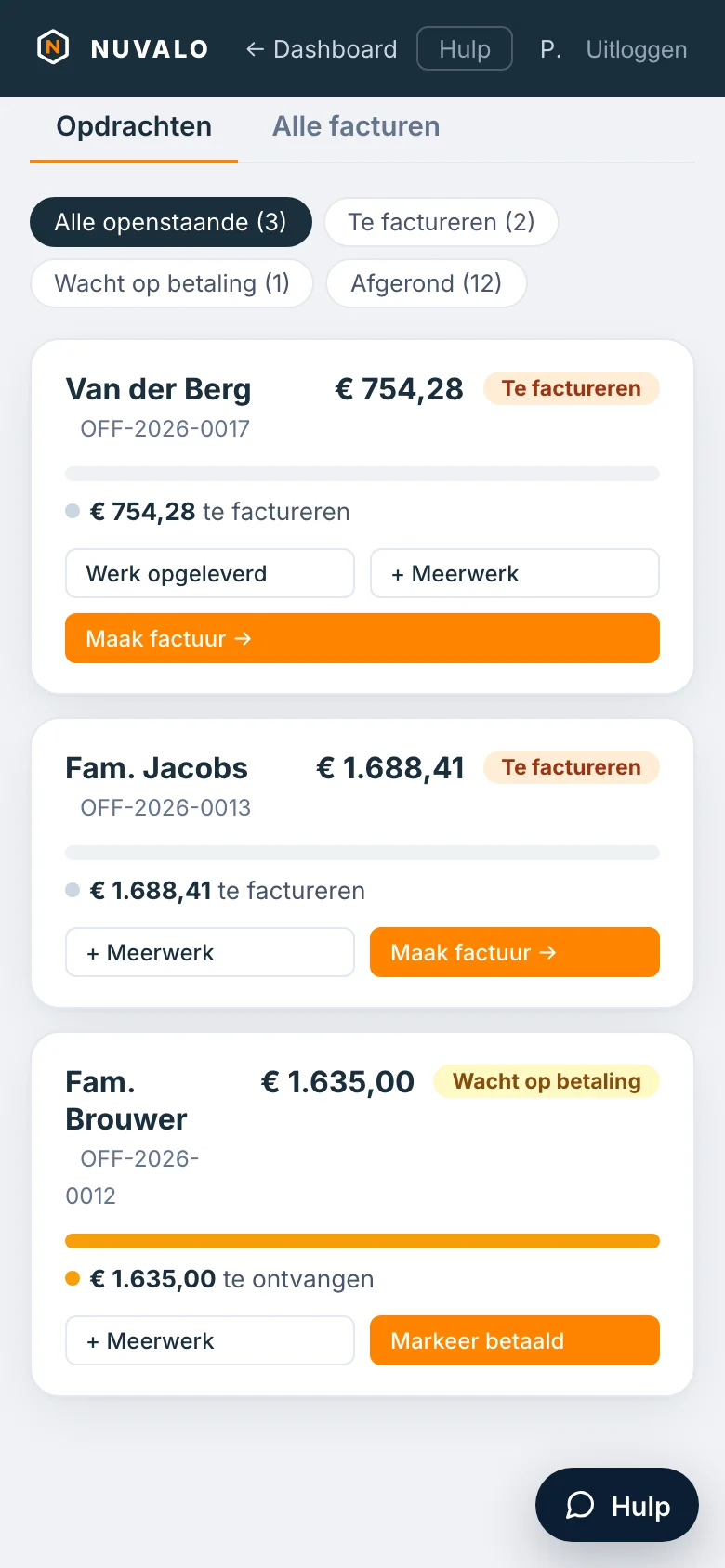 Opdrachtenoverzicht met voortgang per klus